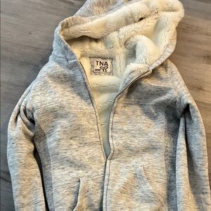 TNA Light Gray Hoodie with Cream Faux Fur